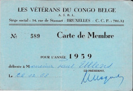 LES VÉTÉRANS DU CONGO BELGE Siège Social 34, Rue De Stassart  BRUXELLES - Carte De Membre 1959 - Tessere Associative