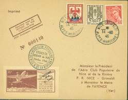 2ème Essai De Lestage De Plis 14 10 46 Vignette Parachutage Plis Aéro Club Populaire Nice & La Riviera Surchargé Avion - 1927-1959 Lettres & Documents