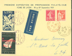 1ère Exposition Propagande Philatélique Foire De Lyon SEPT 1937 Enveloppe Cachet Vignette YT 278B 283 - 1921-1960: Moderne