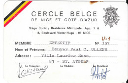 CERCLE BELGE DE NICE ET COTE D'AZUR - Carte De Membre Effectif 1969 - Cartes De Membre