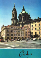 PRAGUE, ARCHITECTURE, CHURCH, CARS, TRAM, TOWER WITH CLOCK, CZECH REPUBLIC, POSTCARD - Tchéquie