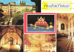 PRAGUE, MULTIPLE VIEWS, ARCHITECTURE, CHURCH, CASTLE, BUS, CARS, CROWN, PAINTING, JEWELS, CZECH REPUBLIC, POSTCARD - Tchéquie