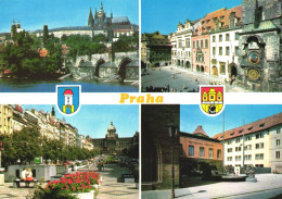 PRAGUE, MULTIPLE VIEWS, ARCHITECTURE, CHURCH, TOWER, BRIDGE, PARK, EMBLEM, FOUNTAIN, GATE, CAR, CZECH REPUBLIC, POSTCARD - Tchéquie