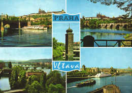 PRAGUE, MULTIPLE VIEWS, ARCHITECTURE, BRIDGE, SHIP, TOWER, CHURCH, VLTAVA, CZECH REPUBLIC, POSTCARD - Tchéquie