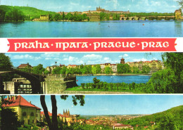 PRAGUE, MULTIPLE VIEWS, ARCHITECTURE, CASTLE, BRIDGE, BOAT, CHURCH, CZECH REPUBLIC, POSTCARD - Tchéquie