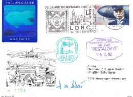 ALLEMAGNE 1992 ZEPPELIN, BALLONKURIER, Courrier Par Dirigeable Avec Yvert 1424 - Storia Postale