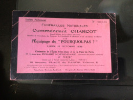 Invitation Funérailles Nationales Commandant Charcot - Décès