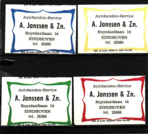 4 Dutch Matchbox Labels, Eindhoven - North Brabant, Autobanden-Service, A. Janssen & Zn., Holland, Netherlands - Zündholzschachteletiketten