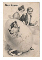 CPA HEUREUSES PAQUES / COUPLE - CUPIDON ET OEUF - Easter
