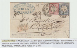 1306p - Lettre DETAXEE - MULHAUSEN Fer à Cheval Pour AUDINCOURT Doubs -22 Décembre 1872 - - Covers & Documents