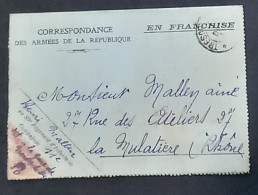 Carte-lettre De Franchise Militaire Spéciale Au 89e Régiment D'Infanterie Vers La Mulatière 30 Nov 1917 - 1. Weltkrieg 1914-1918