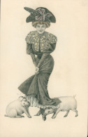 * FANTAISIE * ART NOUVEAU * FEMME AVEC 2 COCHONS SOUS SA ROBE * PIG * EDIT. H & L N° 212 - Women