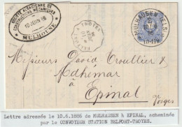 1312p -  MULHAUSEN 2 (ELS) C Pour EPINAL Vosges - Juin 1886 - Convoyeur BELFORT A TROYES - - Covers & Documents