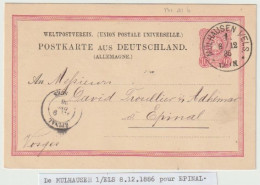 1313p -  MULHAUSEN 1 I/ELS Pour EPINAL Vosges - Décembre 1886 - Entier Postal 10 Pfennig - - Storia Postale