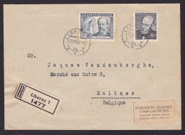 Czechoslovakia: Registered Cover To Belgium, 1949, 2 Stamps, Rarel Label Stamps Subject To Import Control (minor Damage) - Brieven En Documenten