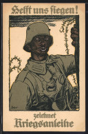 AK Afrikaner Als Soldat Mit Gasmaske Und Stahlhelm, Kolonialhumor, Kriegsanleihe  - War 1914-18