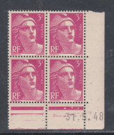 France N° 806 XX  Marianne Gandon 3 F. Rose-lilas En Bloc De 4 Coin Daté Du 31 . 5 . 48, 3 Points Blancs Sans Cha., TB - 1940-1949