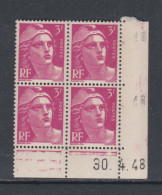 France N° 806 XX  Marianne Gandon 3 F. Rose-lilas En Bloc De 4 Coin Daté Du 30 . 4 . 48, 1 Point Blanc Sans Cha., TB - 1940-1949