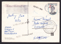 Czechoslovakia: Picture Postcard To Gibraltar, 1988, 1 Stamp, Military, Returned, Retour Cancel (minor Damage) - Covers & Documents