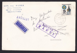 Czechoslovakia: Airmail Postcard To Indonesia, 1988, 1 Stamp, Tower, Returned, Retour Cancel, Air Label (minor Damage) - Briefe U. Dokumente