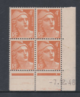 France N° 808 XX  Marianne Gandon 4 F. Orange En Bloc De 4 Coin Daté Du 7 . 12 . 48, 1 Point Blanc Sans Cha., TB - 1940-1949