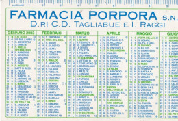 Calendarietto - Farmacia Porpora - Milano - Anno 2003 - Tamaño Pequeño : 2001-...