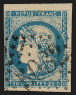 N°44A, Bordeaux, 20c Bleu, Type I Report 1, Oblitéré GC 5062 SETIF Algérie - 1870 Emission De Bordeaux