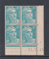 France N° 810 XX  Marianne Gandon 8 F. Bleu Clair En Bloc De 4 Coin Daté Du 15 . 11 . 48 , 3 Points Blancs Sans Cha., TB - 1940-1949