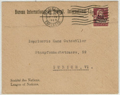Schweiz 1925, Brief Bureau International Du Travail Genève - Zürich, Tell Brustbild Mit Ueberdruck S.d.N. - Servizio