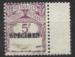 FRANCE N° ROP N° 49 5F VIOLET TIMBRE SOCIAUX POSTAUX AVEC SURCHARGE SPECIMEN NEUF AVEC CHARNIERE - Specimen