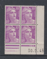 France N° 811 XX  Marianne Gandon 10 F. Lilas En Bloc De 4 Coin Daté Du 30. 9 . 48 , 3 Points Blancs Sans Cha., TB - 1940-1949