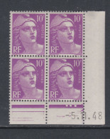 France N° 811 XX  Marianne Gandon 10 F. Lilas En Bloc De 4 Coin Daté Du 5 . 11 . 48 , 3 Points Blancs Sans Cha., TB - 1940-1949