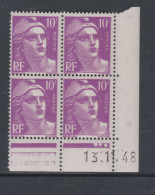 France N° 811 XX  Marianne Gandon 10 F. Lilas En Bloc De 4 Coin Daté Du 13 . 11 . 48 , 3 Points Blancs Sans Cha., TB - 1940-1949