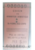 Ticket  Sncf, Ticket De Train Pour Le Transport D'un Chien Ou D'un Mammifère Domestique - Sonstige & Ohne Zuordnung