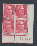 France N° 813 XX  Marianne Gandon 15 F. Rouge En Bloc De 4 Coin Daté Du 24 . 6 . 49 , 3 Points Blancs Sans Cha., TB - 1940-1949