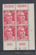 France N° 813b XX  Marianne Gandon 15 F. Rouge En Bloc De 4 De Carnet Daté Du 6 . 11 . 50 ,sns Cha., TB - 1940-1949