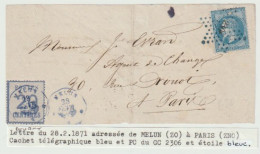 889p - Pli De MELUN (ZO) Pour PARIS (ZNO) - Février 1871 - Cachet Télégraphique Et PC Du GC 2306 (MELUN) Et étoile Bleue - Guerre De 1870