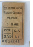 Ticket  Sncf, Ticket De Train Vence à Magagnosc Chemins De Fer De PROVENCE Et Puget-Théniers - Other & Unclassified