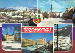 VRCHLABI, MULTIPLE VIEWS, ARCHITECTURE, CHURCH, TOWER, CAR, BUS, SQUARE, MOUNTAIN, EMBLEM, CZECH REPUBLIC, POSTCARD - Czech Republic