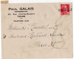 Empreinte Linéaire D'Annulation TOURS GARE Sur Enveloppe Tachée - 1921-1960: Modern Tijdperk