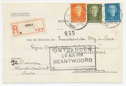 Em. En Face Briefkaart Aangetekend Venlo - Amsterdam 1952 - Non Classés