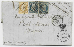 FRANCE N° 10 PAIRE + 13 DEFAUT LETTRE COVER PC BORDEAUX 5 MAI 1854 TO PORT LOUIS ILE MAURICE MAURITIUS + TEXTE - 1849-1876: Klassik