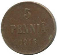 5 PENNIA 1916 FINLAND Coin RUSSIA EMPIRE #AB169.5.U.A - Finlande