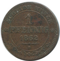 SAXONY 1 PFENNIG 1862 B Dresden Mint German States #DE10602.16.E.A - Sonstige & Ohne Zuordnung