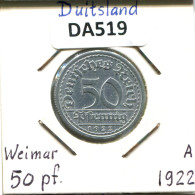 50 PFENNIG 1922 A DEUTSCHLAND Münze GERMANY #DA519.2.D.A - 50 Renten- & 50 Reichspfennig
