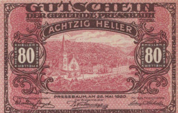 80 HELLER 1920 Stadt PRESSBAUM Niedrigeren Österreich Notgeld Banknote #PI321 - Lokale Ausgaben