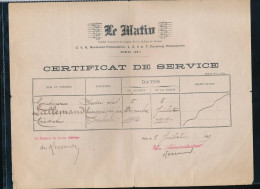 Journal Le Matin  Paris - Certificat De Service  1919 - Unclassified