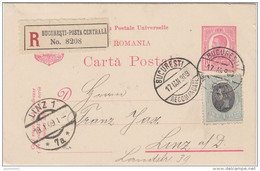 24186 Uprated 1 LEU Registered Stationery Card BUCURESTI 1908 To Austria - Postal Stationery