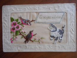 BELLE CARTE POSTALE ANCIENNE BRODEE OISEAUX Et CHAT - Embroidered