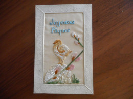 BELLE CARTE POSTALE ANCIENNE BRODEE "Joyeuses Pâques" POUSSIN - Embroidered